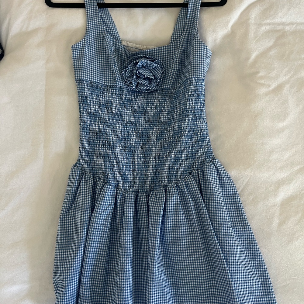 Maeve Blue Checkered Dress with Floral Accent